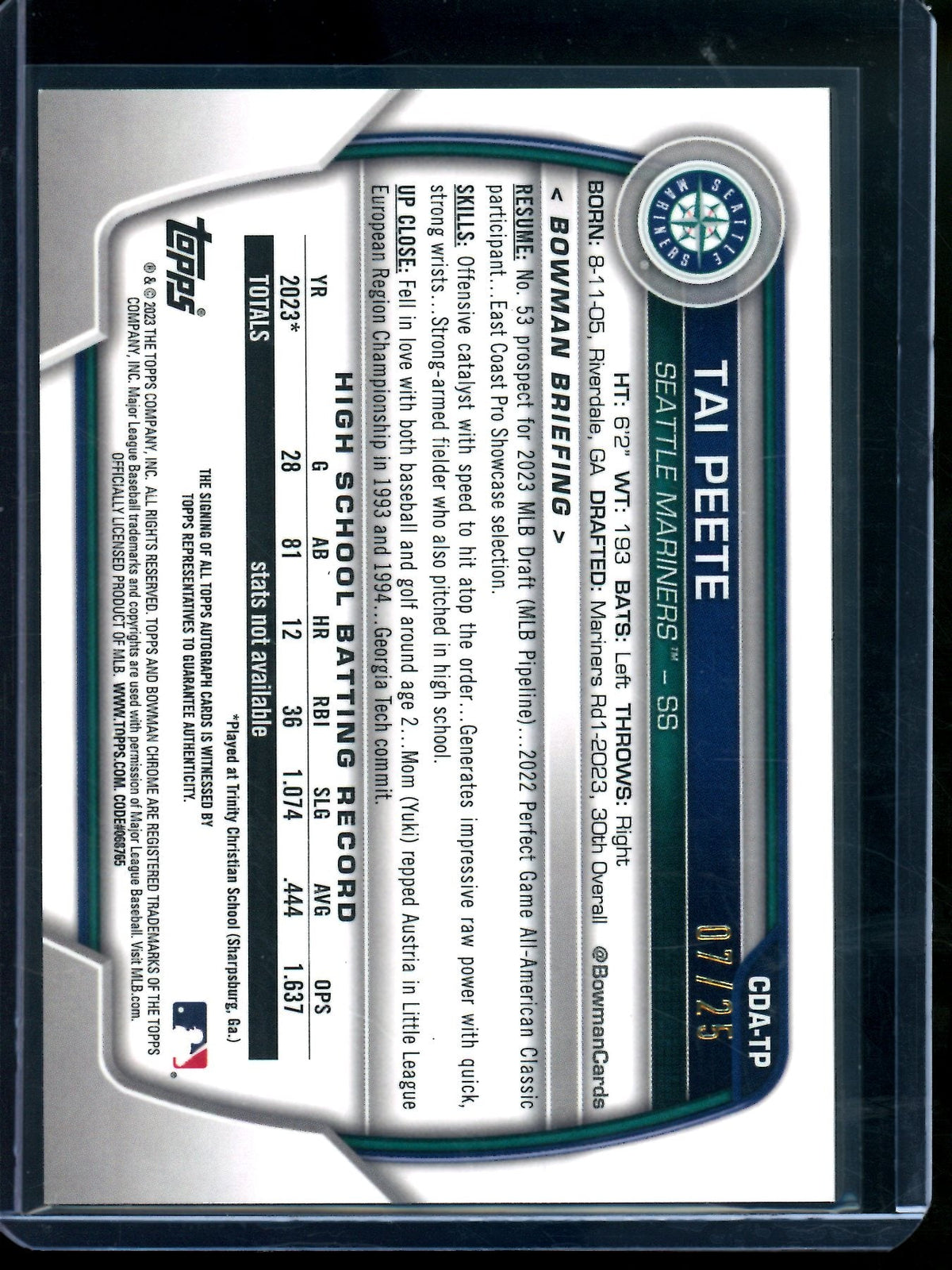 2023 Bowman Chrome Sapphire Tai Peete 1st Orange Refractor Autograph /25 Cardinals