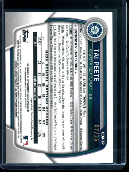 2023 Bowman Chrome Sapphire Tai Peete 1st Orange Refractor Autograph /25 Cardinals