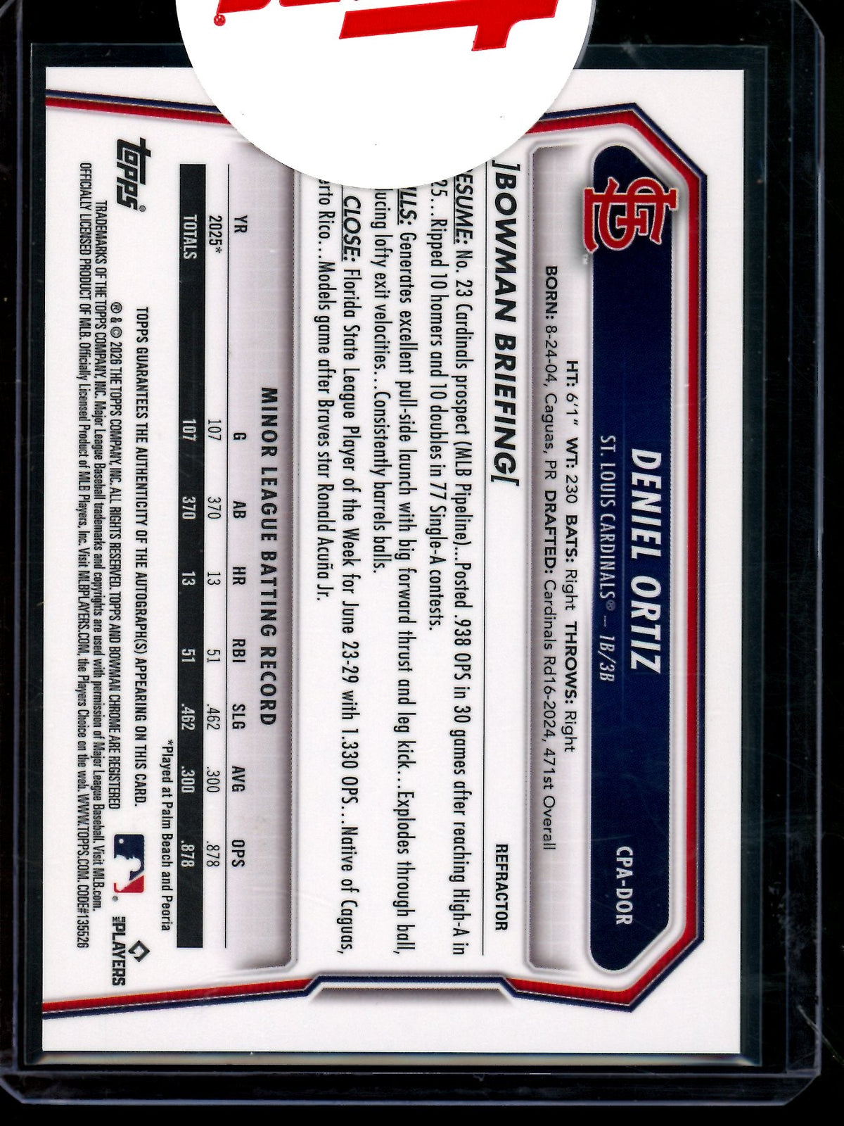 2026 Bowman Chrome Denel Ortiz 1st Refractor Autograph /499 Sealed Cardinals
