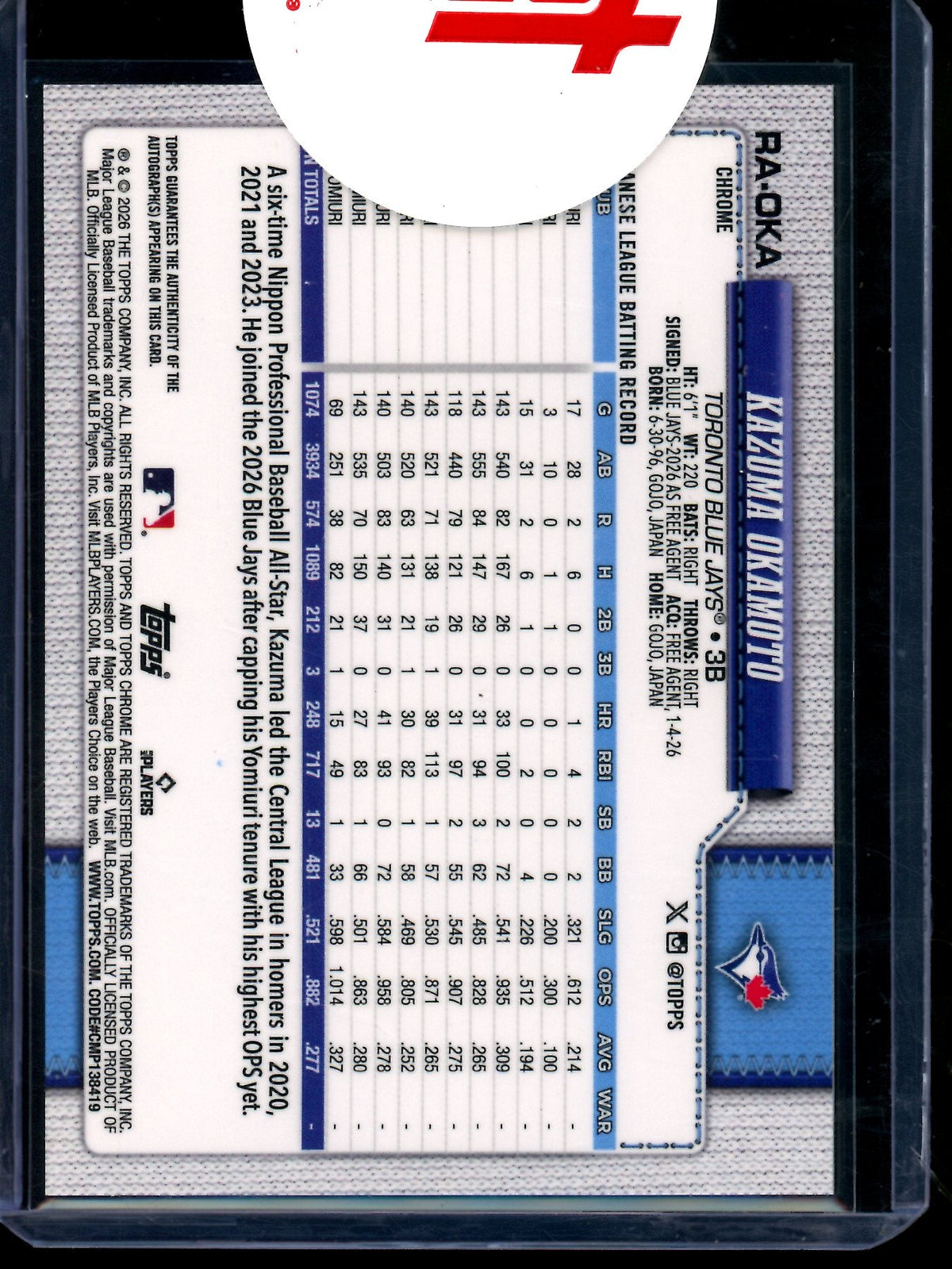 2026 Topps Chrome Kazuma Okamoto Green Geometric Rookie Autograph /99 Sealed Blue Jays