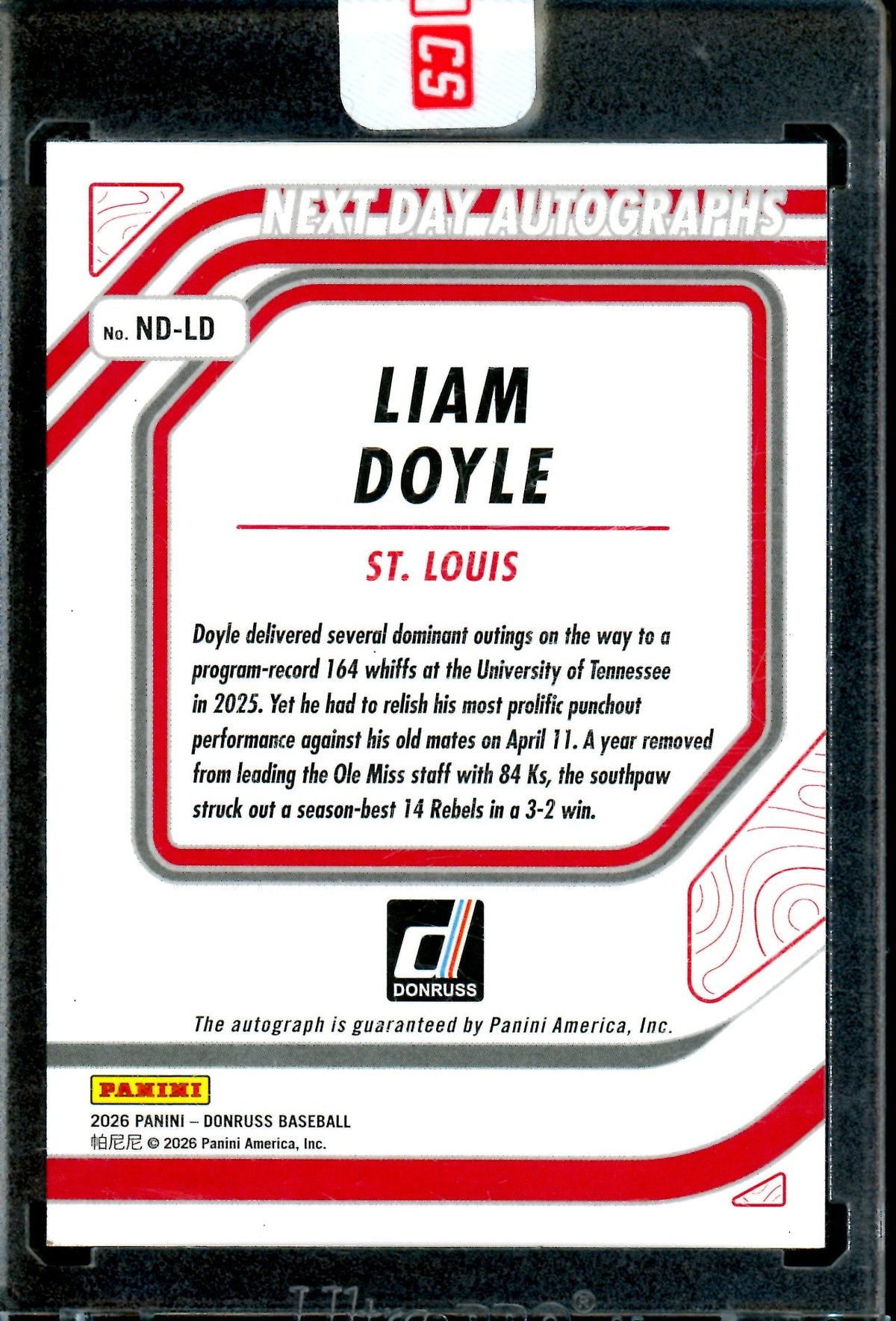 2026 Panini Donruss Liam Doyle Next Day Autographs Cardinals