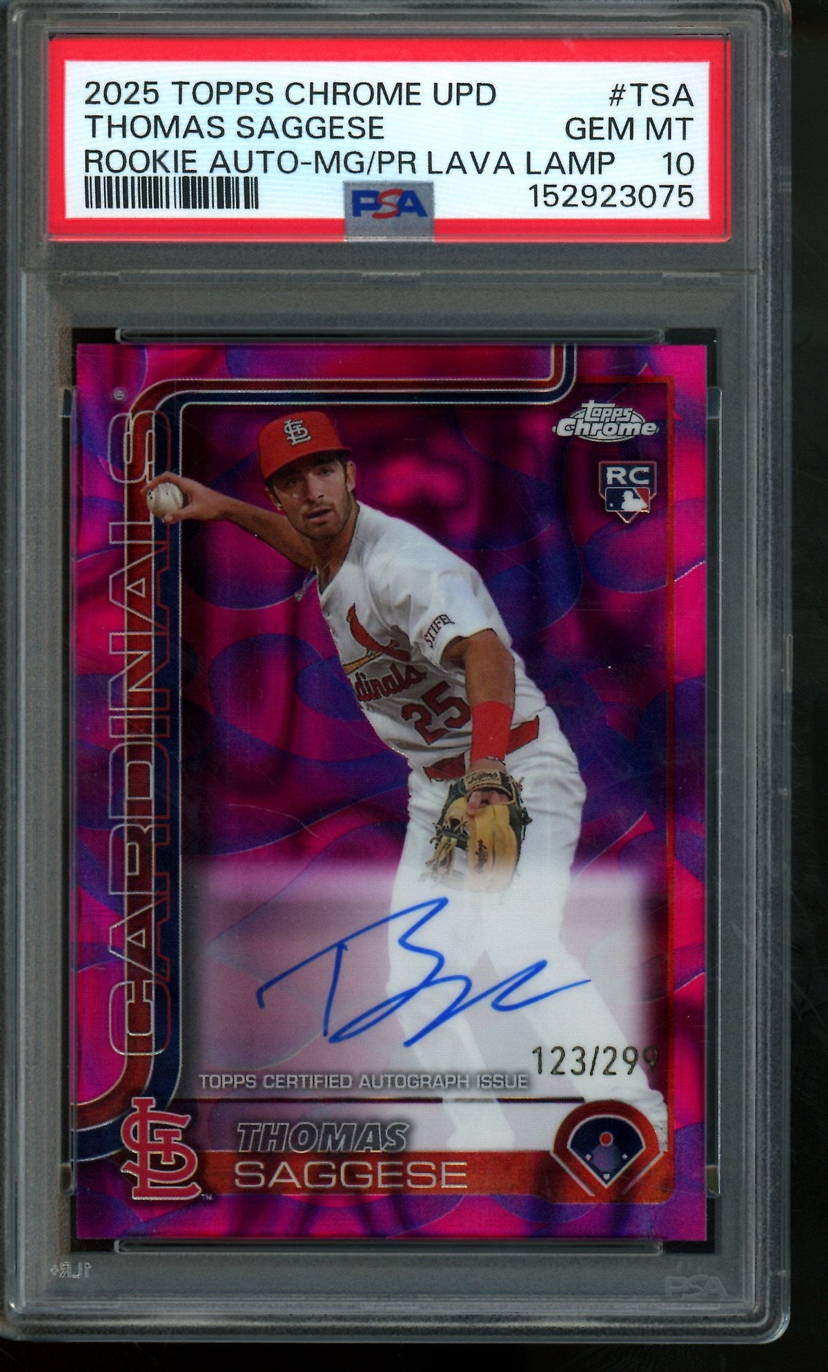 2025 Topps Chrome Update Thomas Saggese Rookie RC Autograph Magenta Lava /299 PSA 10 Cardinals