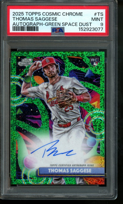 2025 Topps Chrome Cosmic Thomas Saggese Rookie RC Autograph Green Space Dust /75 PSA 9 Cardinals