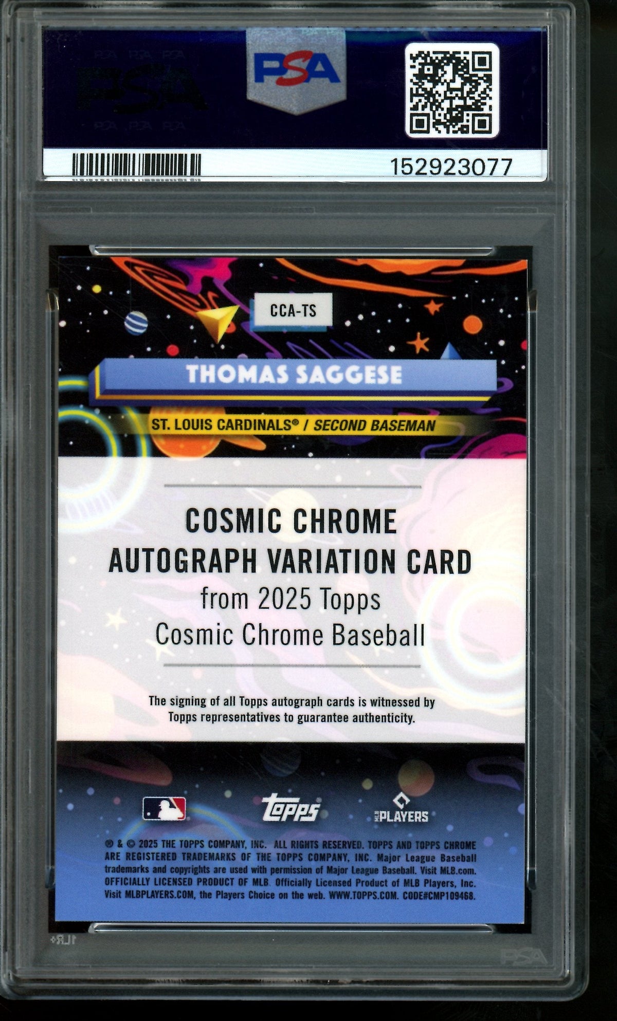 2025 Topps Chrome Cosmic Thomas Saggese Rookie RC Autograph Green Space Dust /75 PSA 9 Cardinals