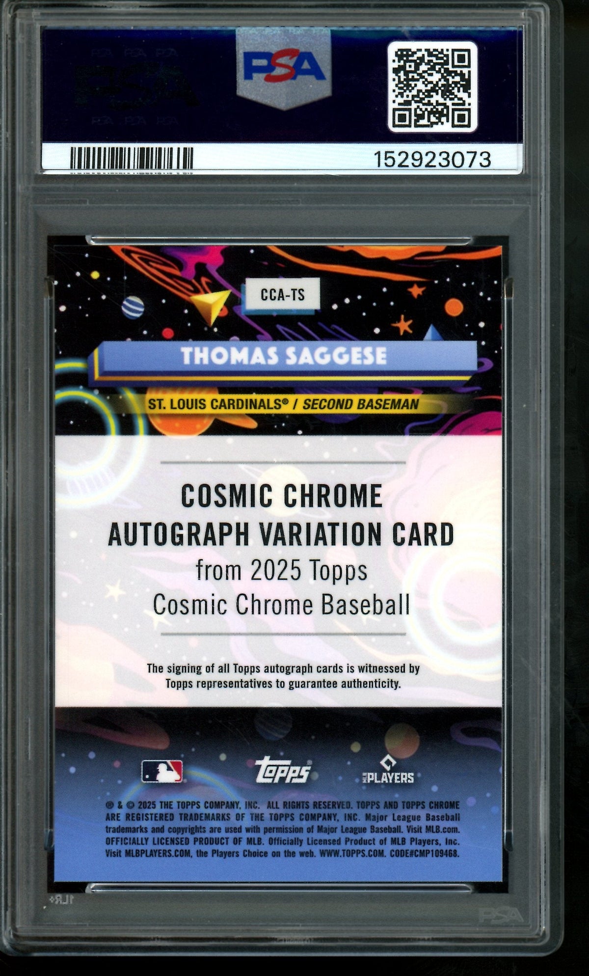 2025 Topps Chrome Cosmic Thomas Saggese Rookie RC Autograph Refractor PSA 10 Cardinals