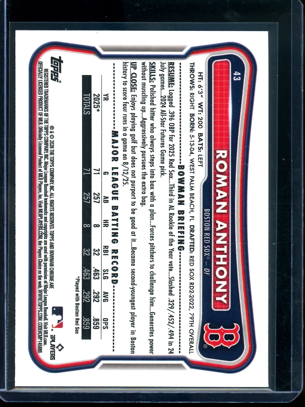2026 Bowman Chrome Roman Anthony Rookie RC Purple Geometric Refractor /250 Red Sox