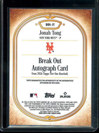 2026 Topps Tier One Jonah Tong Break Out Autograph /10 Mets