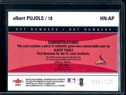 2004 Fleer Flair Albert Pujols Hot Numbers Jersey Relic /125 Cardinals