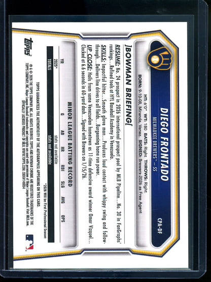 2026 Bowman Chrome Diego Frontado 1st Green Refractor Autograph /99 Brewers