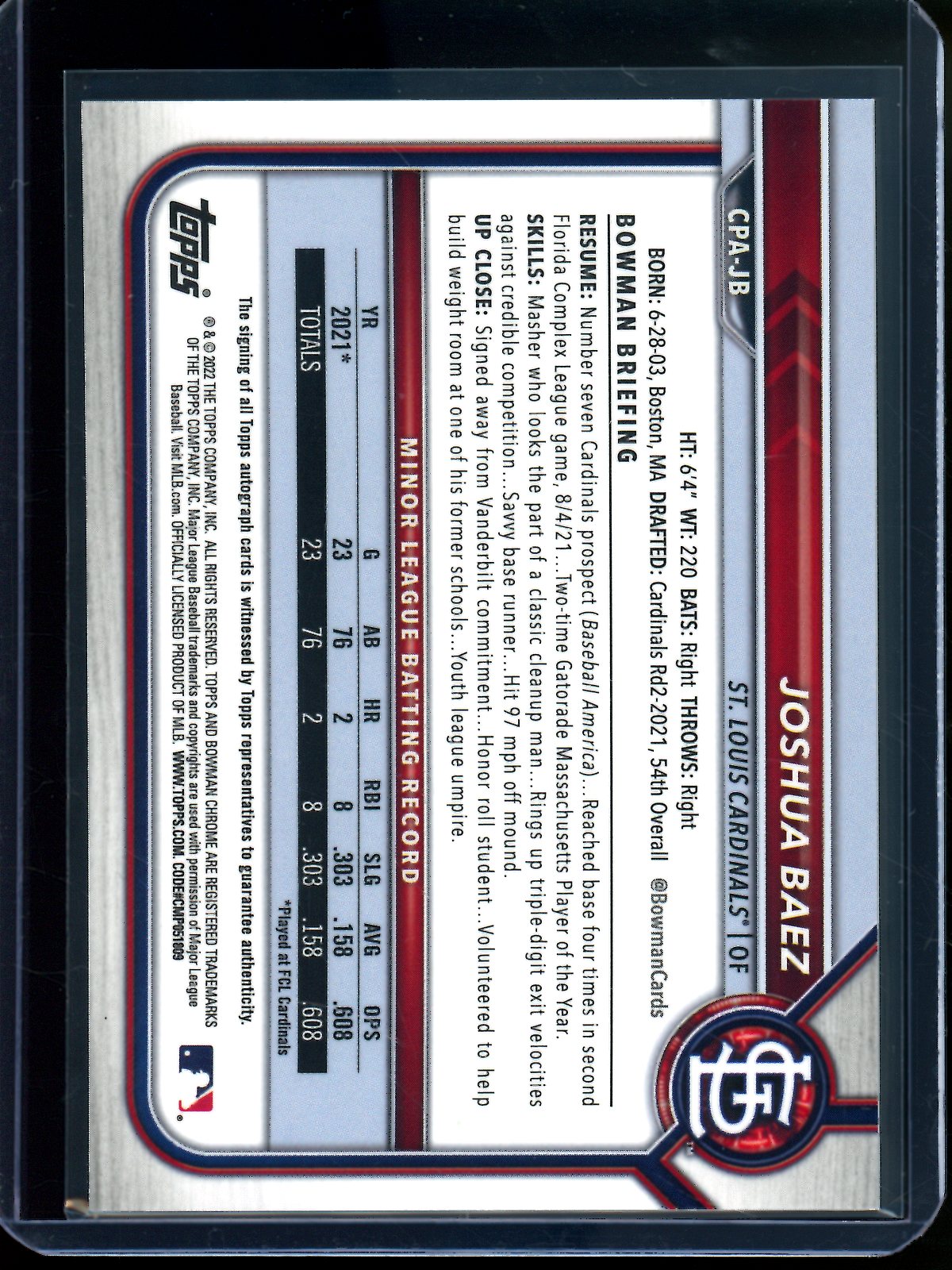 2022 Bowman Chrome Joshua Baez 1st Autograph Cardinals
