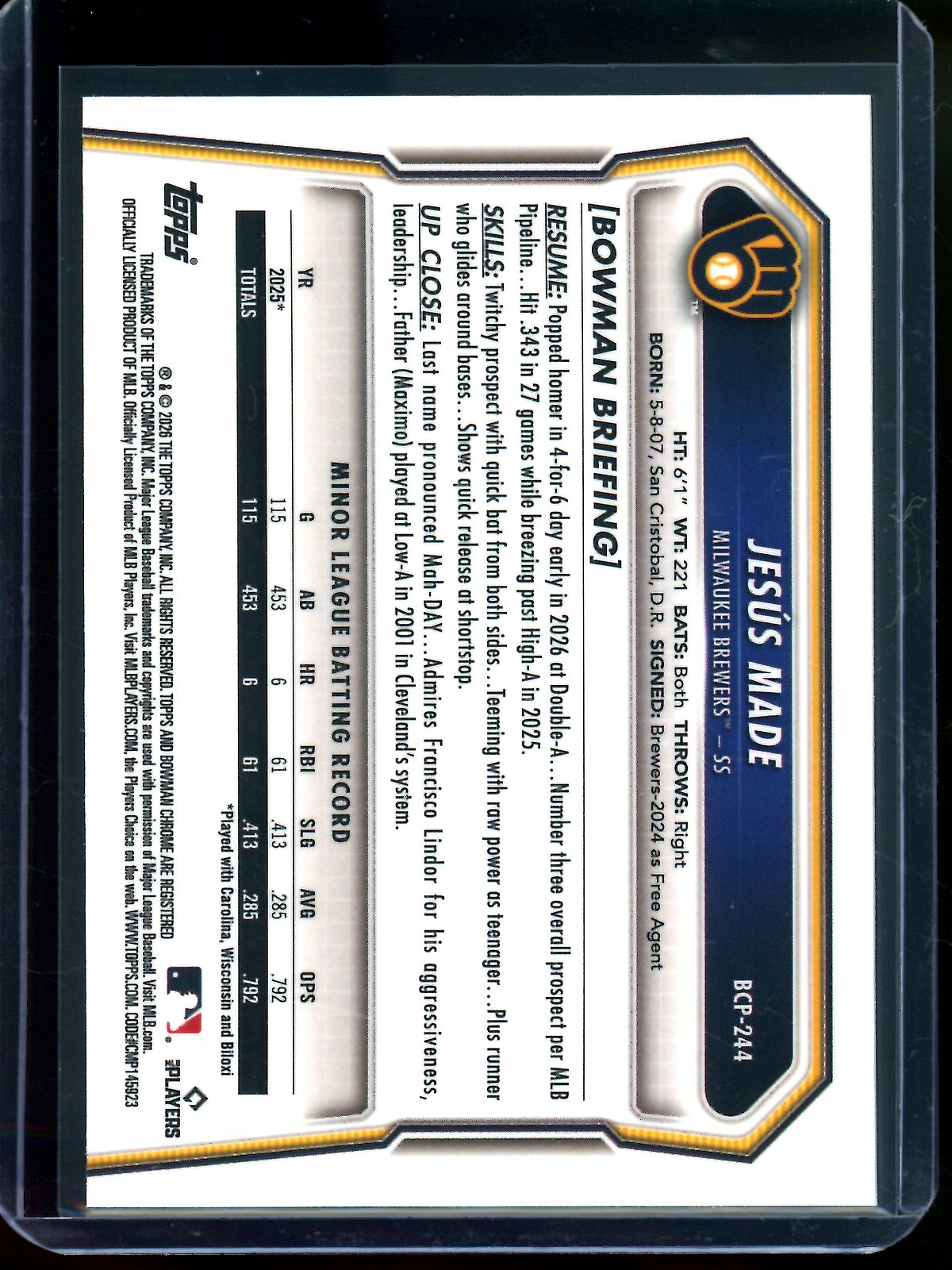 2026 Bowman Chrome Jesus Made Green Wave Refractor /99 Brewers