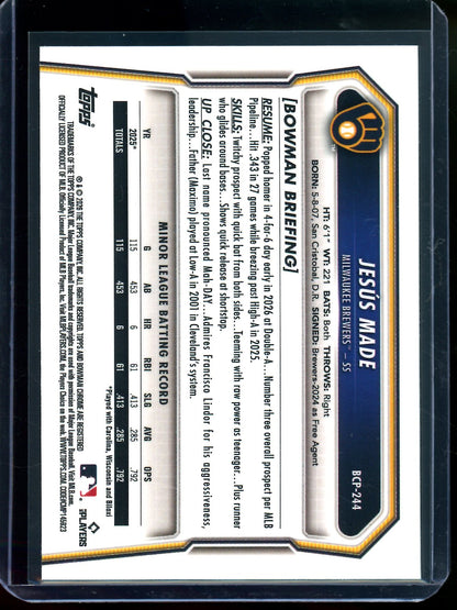 2026 Bowman Chrome Jesus Made Green Wave Refractor /99 Brewers