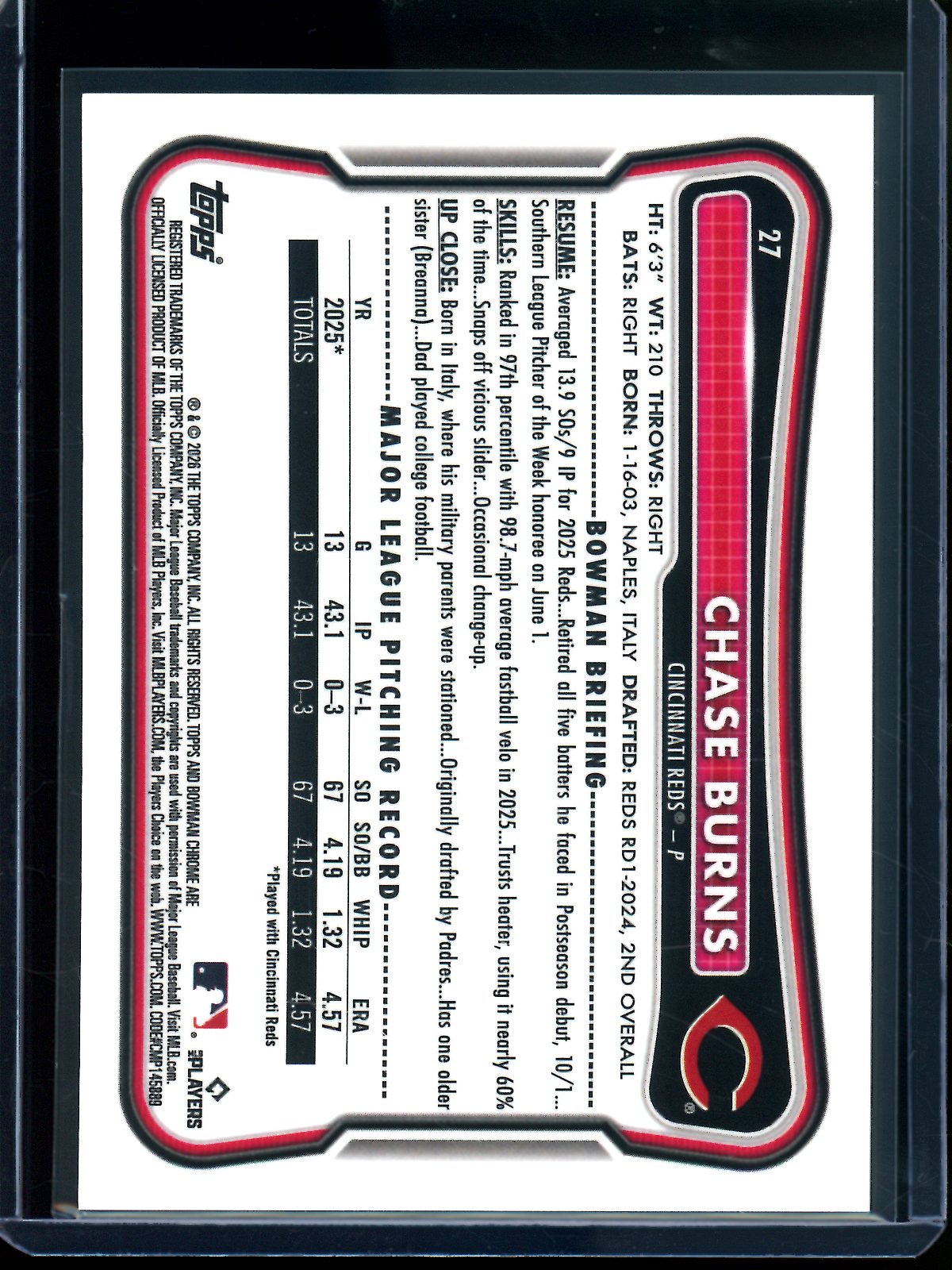 2026 Bowman Chrome Chase Burns Rookie RC Gold Refractor /50 Reds