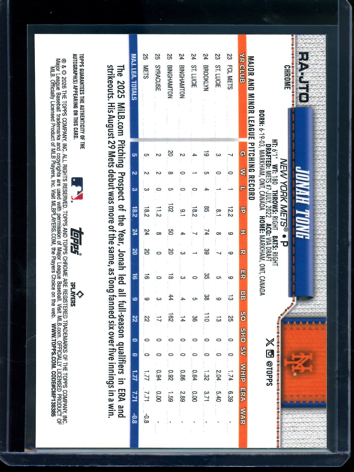 2026 Topps Chrome Jonah Tong Rookie RC Autograph Mets