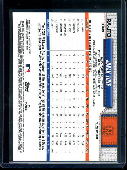 2026 Topps Chrome Jonah Tong Rookie RC Autograph Mets