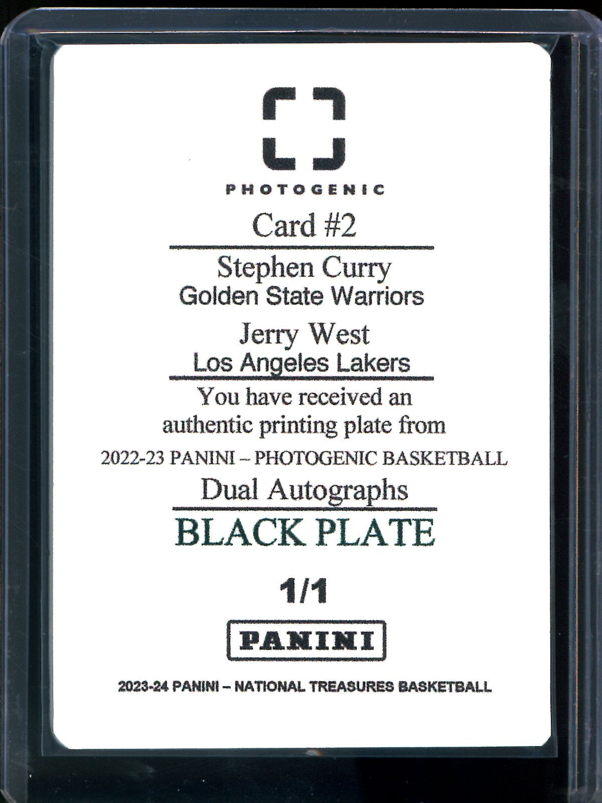 2023/24 Panini National Treasures Stephen Curry / Jerry West Photogenic Black Printing Plate 1/1