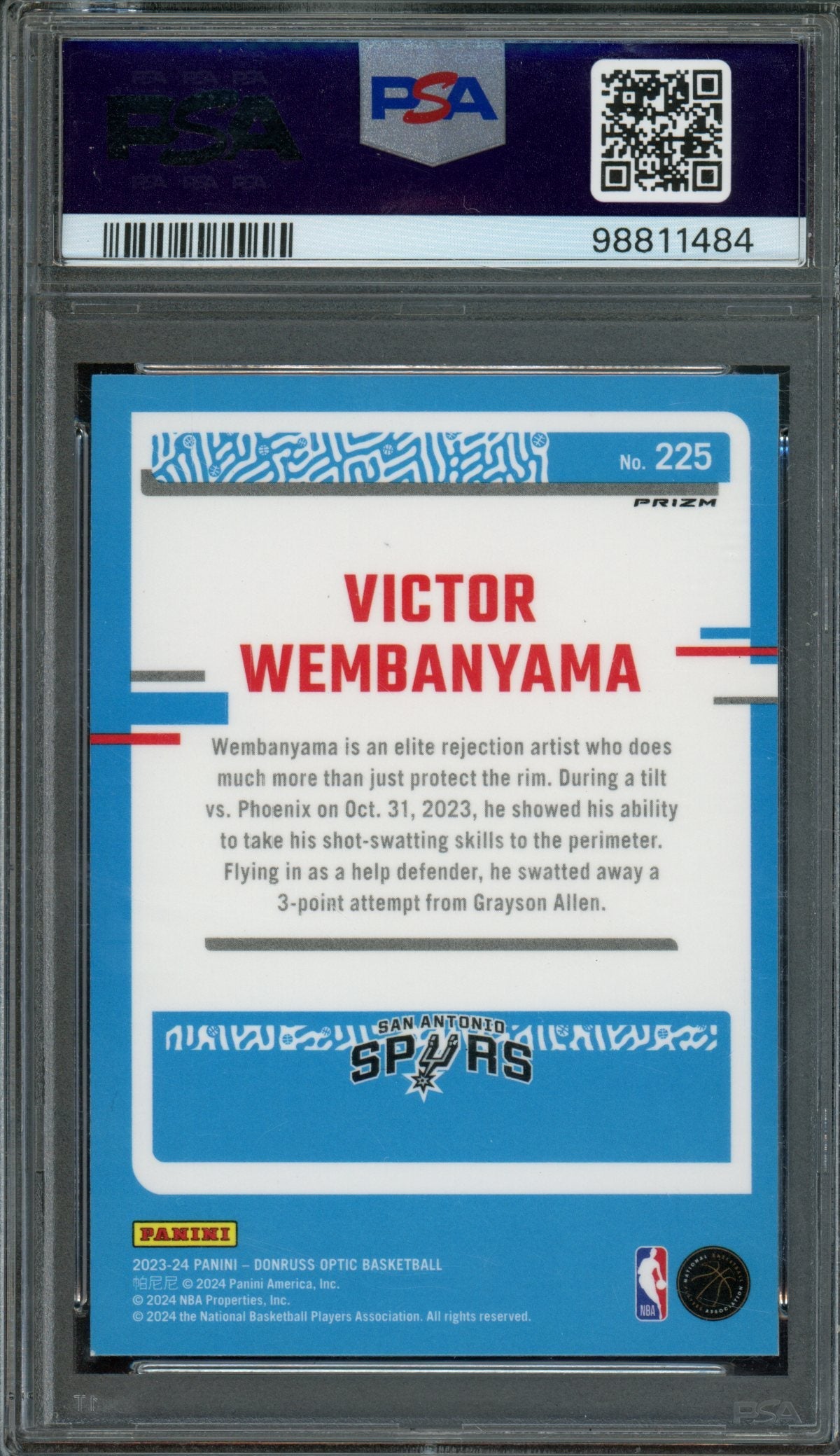 2023/24 Panini Optic Victor Wembanyama Rookie RC Purple Shock #225 PSA 9 Spurs
