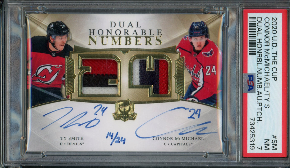 2020/21 Upper Deck The Cup Ty Smith / Connor McMichael Dual Honorable Patch Autograph /24 PSA 7