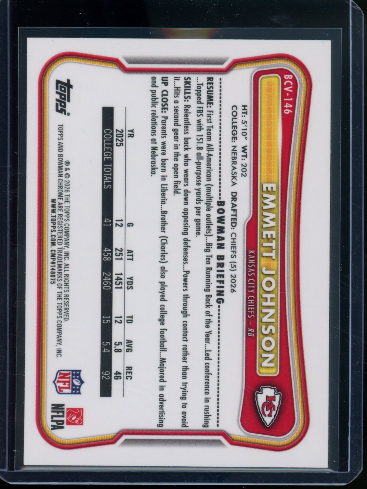 2026 Bowman Chrome Emmett Johnson Rookie RC Steel Refractor /100 Chiefs - Trading Card Market