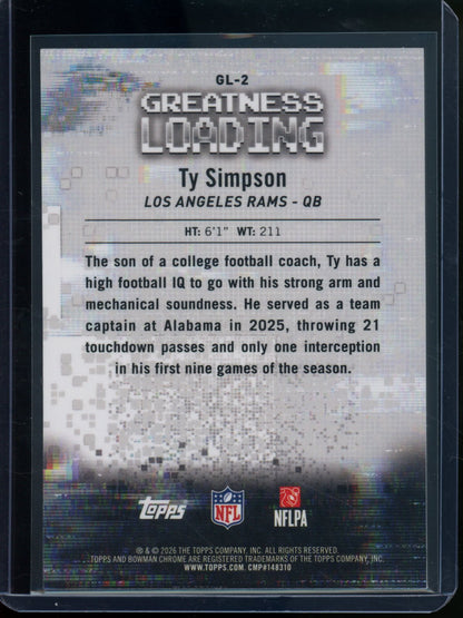 2026 Bowman Chrome Ty Simpson Rookie RC Greatness Loading Blue Refractor /150 Rams