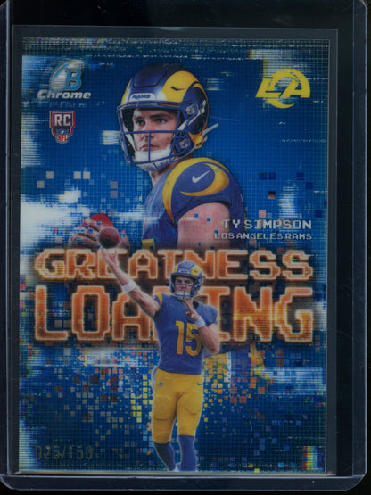 2026 Bowman Chrome Ty Simpson Rookie RC Greatness Loading Blue Refractor /150 Rams