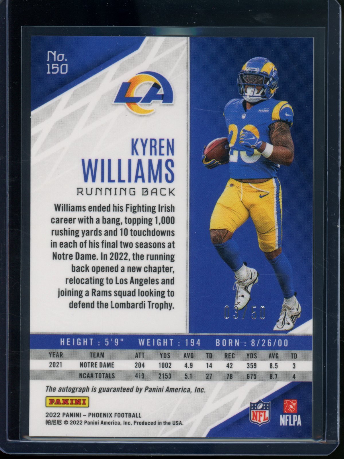2022 Panini Phoenix Kyren Williams Rookie RC Autograph /50 Rams - Trading Card Market