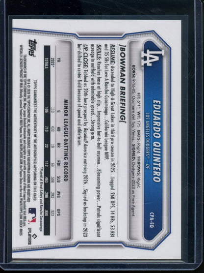 2026 Bowman Chrome Eduardo Quintero Green Mojo Refractor Autograph /99 Dodgers