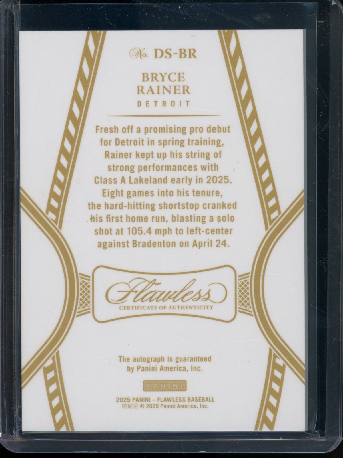 2025 Panini Flawless Bryce Rainer Autograph /20 Tigers