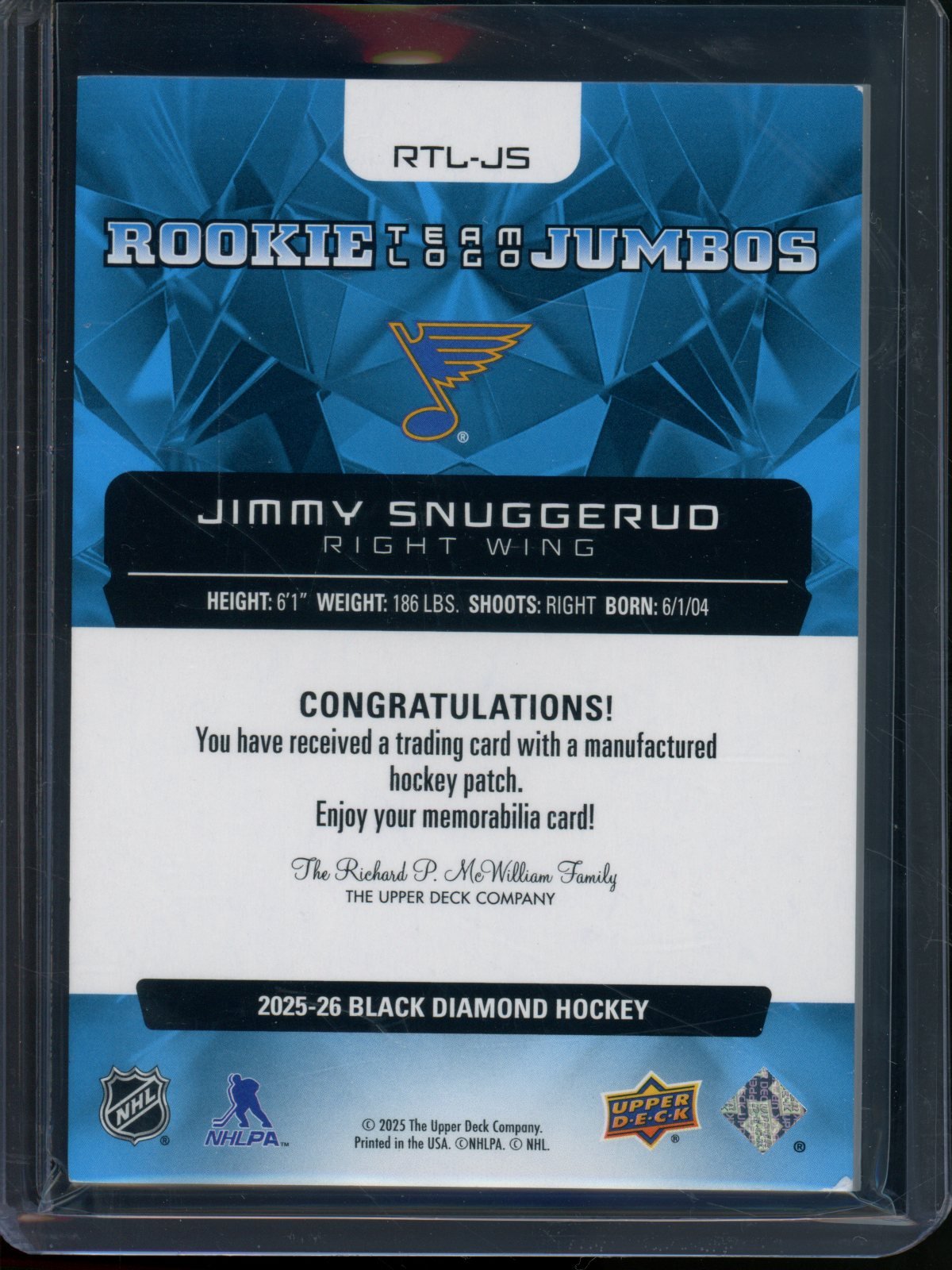 2025/26 Upper Deck Black Diamond Jimmy Snuggerud Team Logo Jumbos Jersey Relic Blues - Trading Card Market
