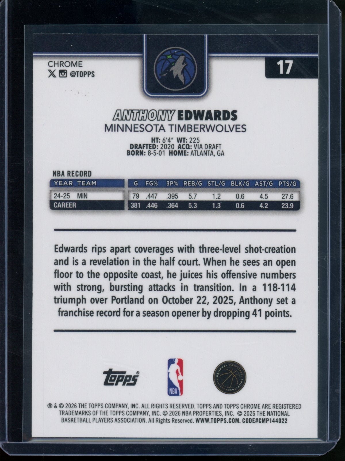 2025/26 Topps Chrome Anthony Edwards Purple Raywave Refractor /75 Timberwolves