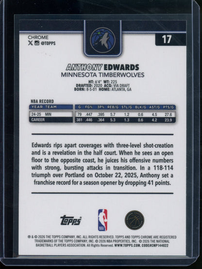 2025/26 Topps Chrome Anthony Edwards Purple Raywave Refractor /75 Timberwolves