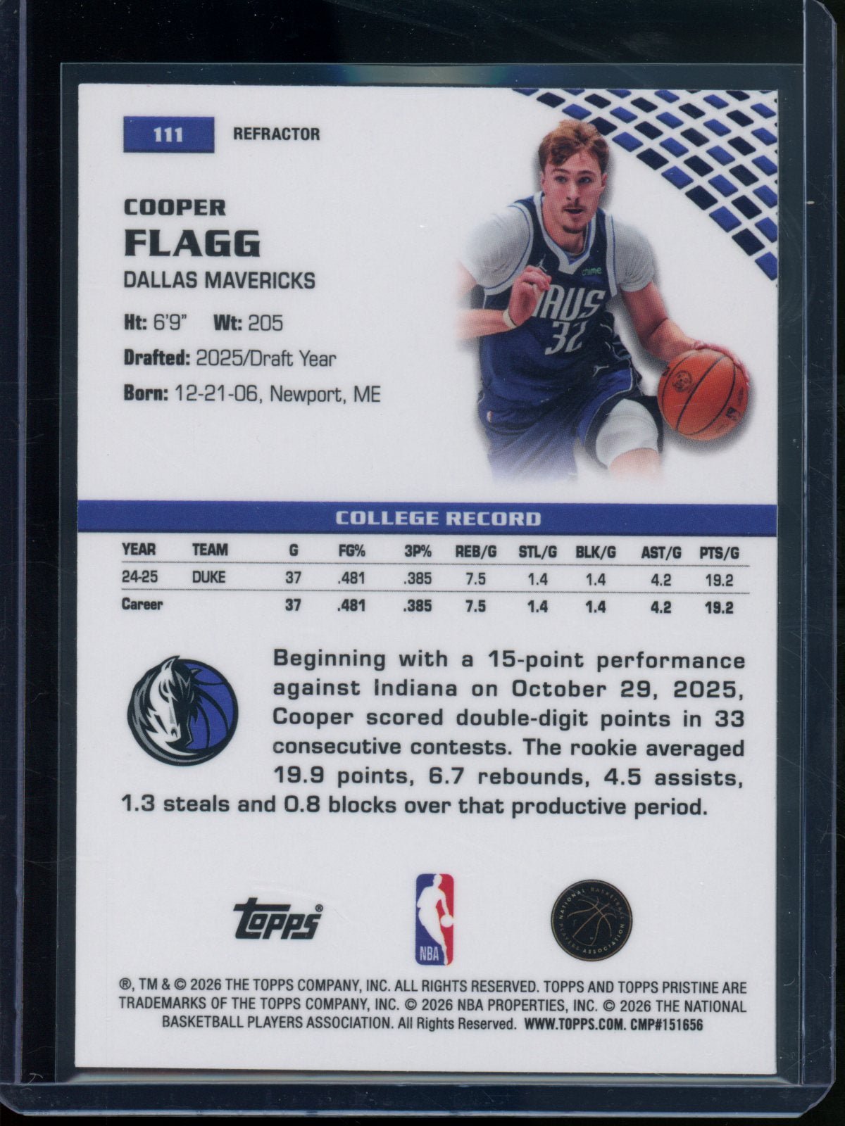 2025/26 Topps Pristine Cooper Flagg Rookie RC Refractor Mavericks