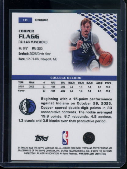 2025/26 Topps Pristine Cooper Flagg Rookie RC Refractor Mavericks