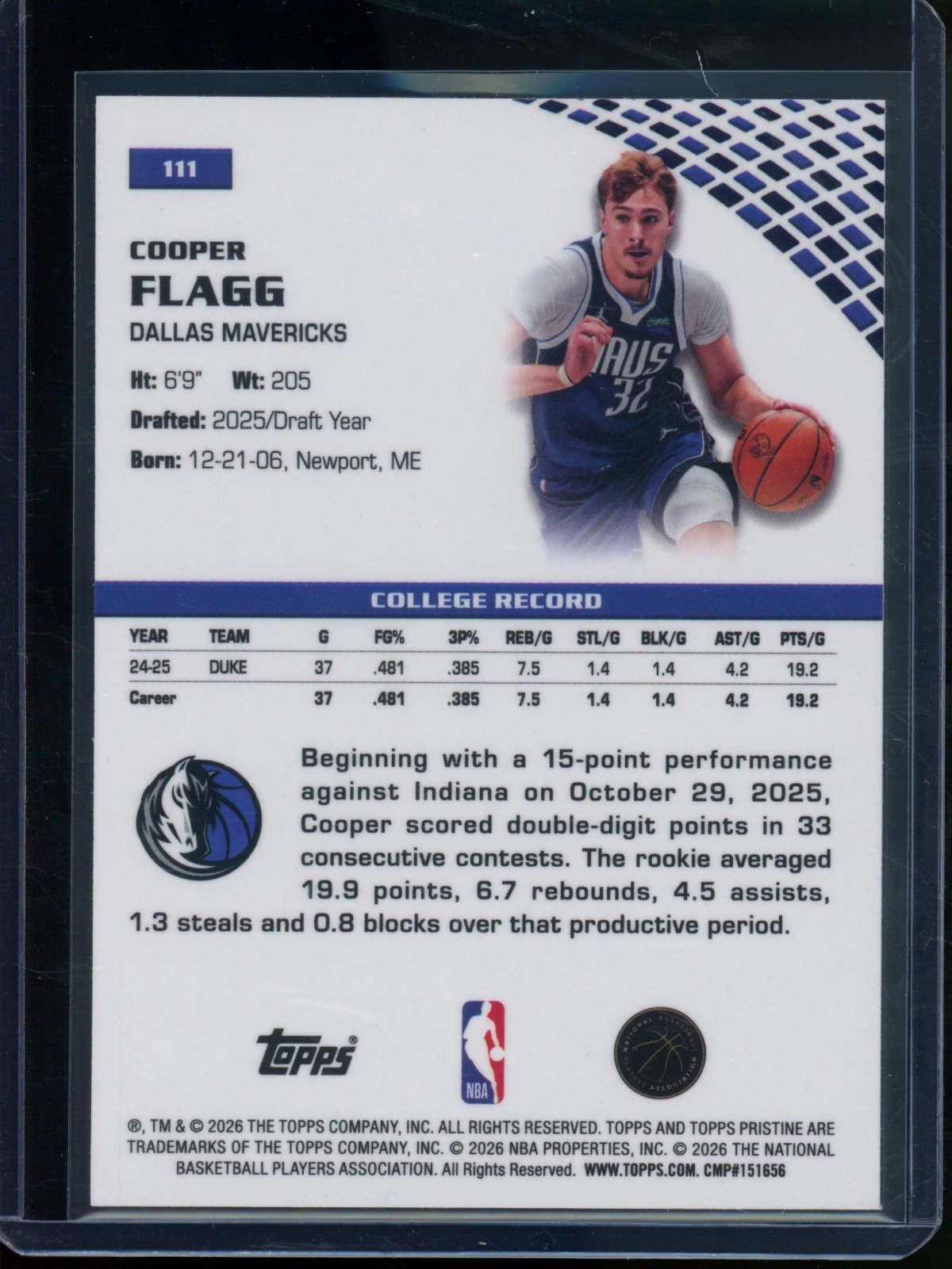 2025/26 Topps Pristine Cooper Flagg Rookie RC Mavericks