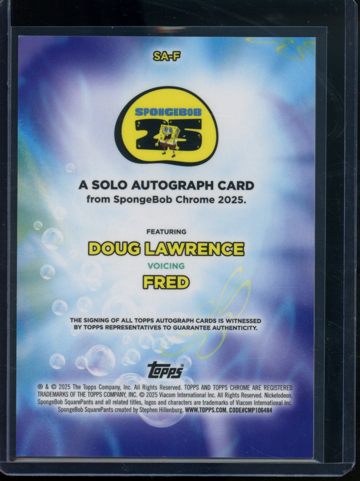 2025 Topps Chrome Spongebob Fred Doug Lawrence Solo Autograph Orange Refractor /25 #SA-F - Trading Card Market