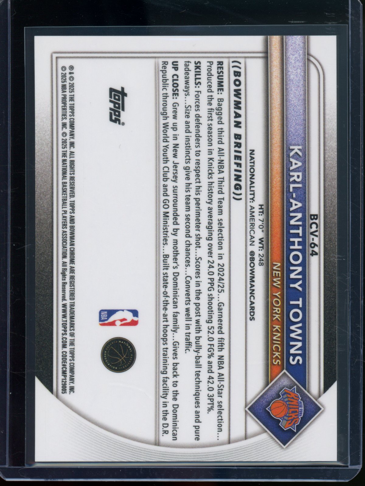 2025/26 Bowman Chrome Karl-Anthony Towns Gold Geometric Refractor /50 Knicks