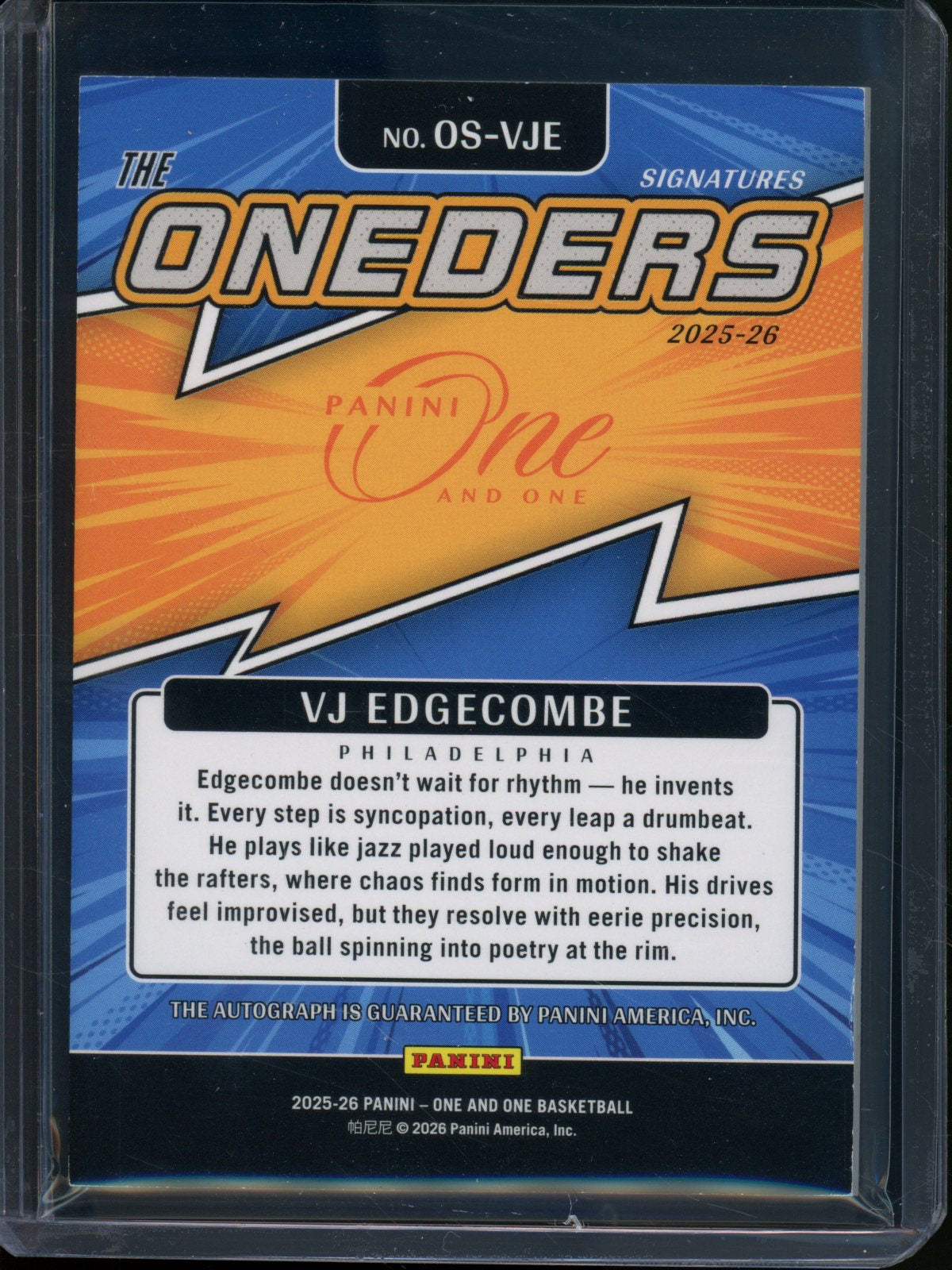 2025/26 Panini One and One VJ Edgecombe Rookie RC Oneders Autograph /35 76ers