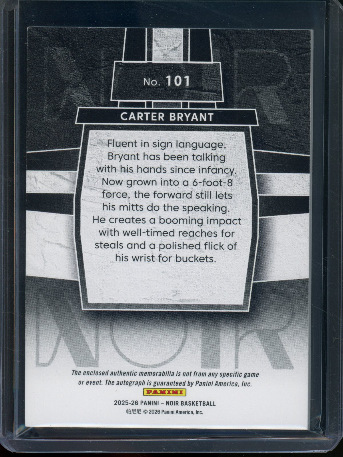 2025/26 Panini Noir Carter Bryant Rookie RC Jersey Relic Autograph /25 Spurs