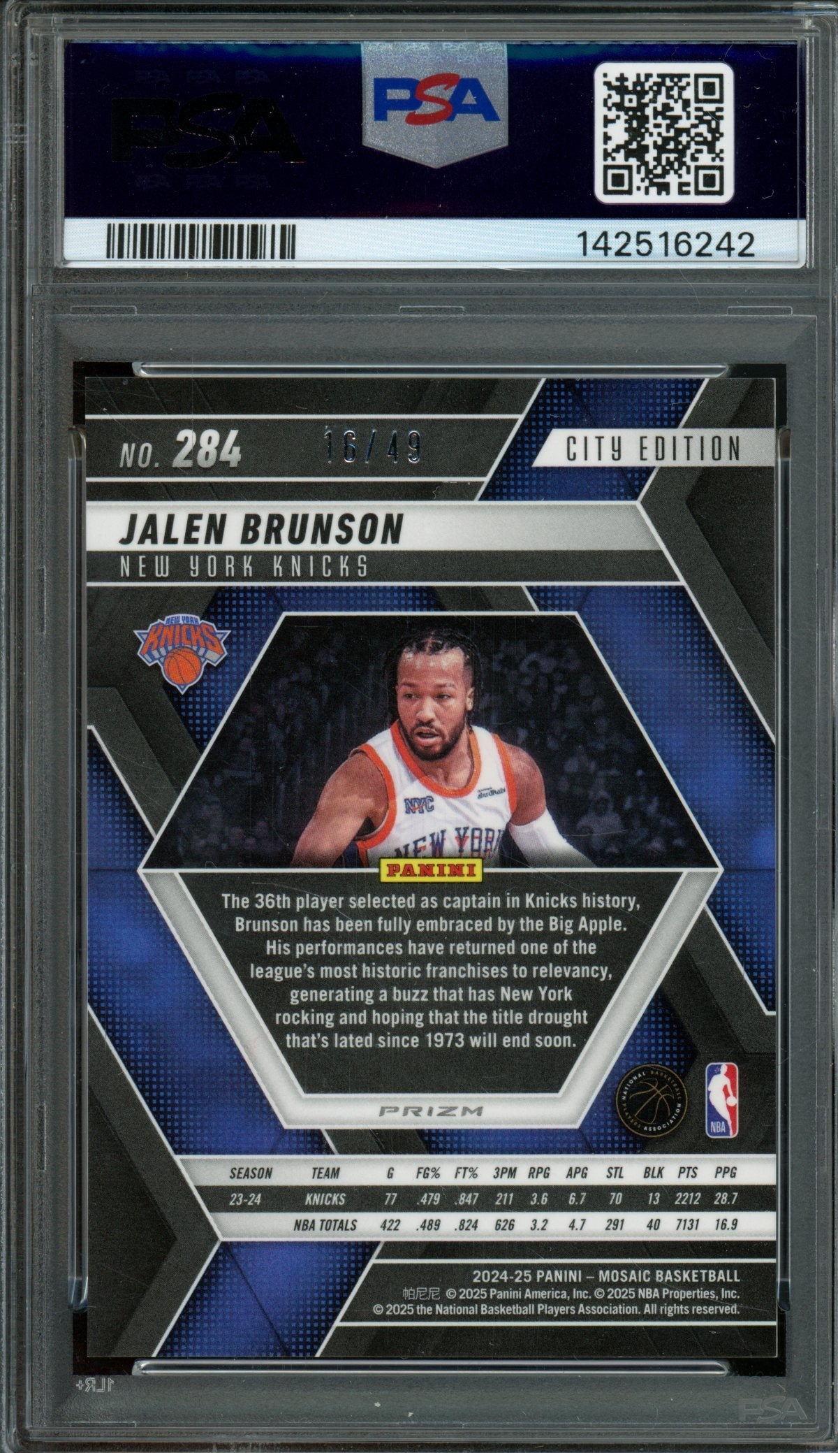 2024/25 Panini Mosaic Jalen Brunson Orange Ice /49 PSA 10 Knicks