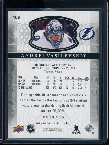 2026/27 Upper Deck Artifacts Andrei Vasilevskiy Emerald /10 #106 Lightning