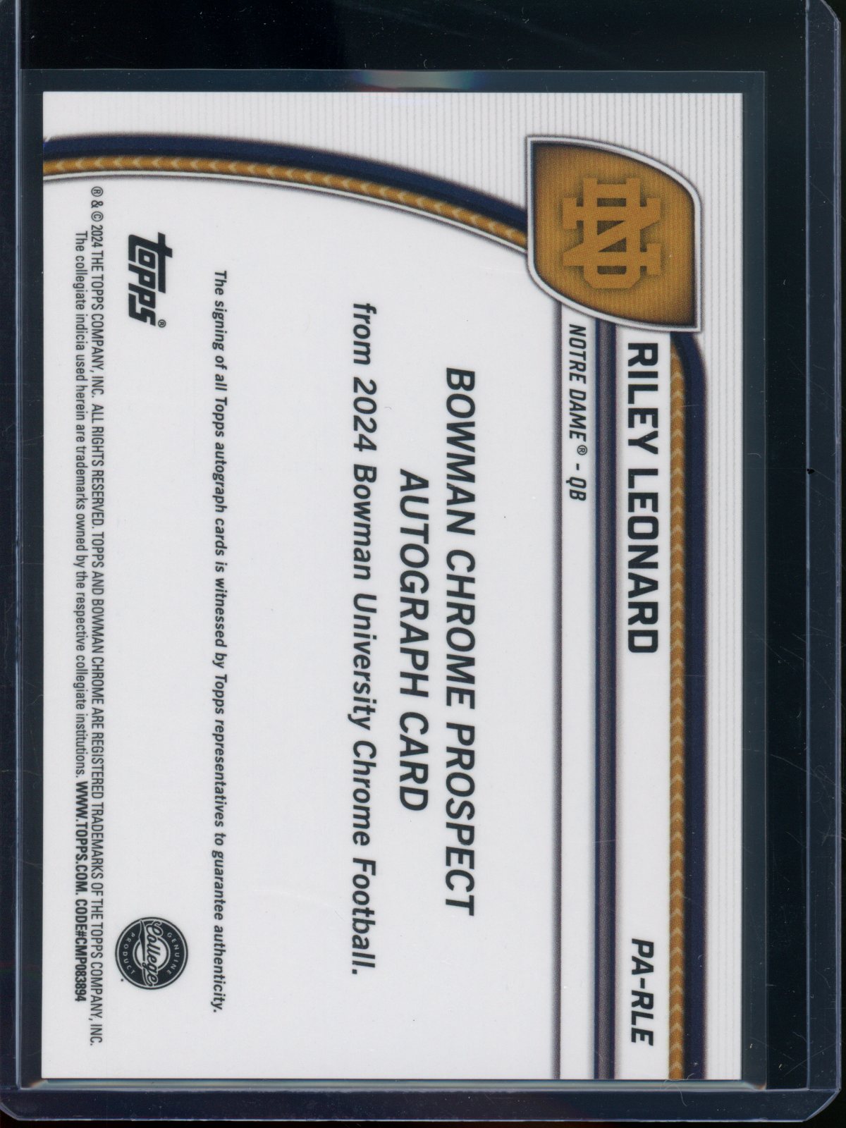 2024 Bowman Chrome U Riley Leonard Magenta Refractor Autograph /150 Notre Dame