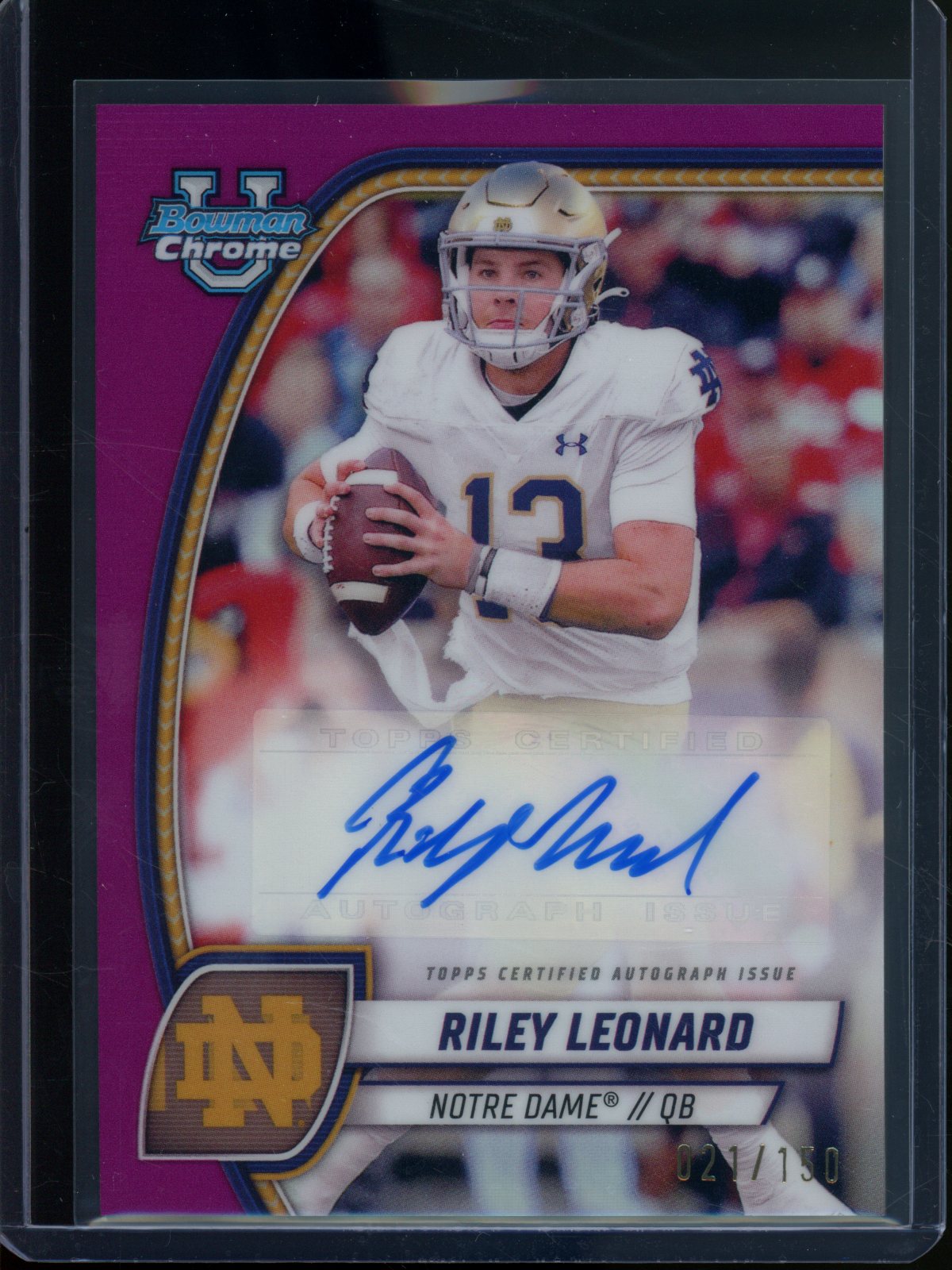 2024 Bowman Chrome U Riley Leonard Magenta Refractor Autograph /150 Notre Dame