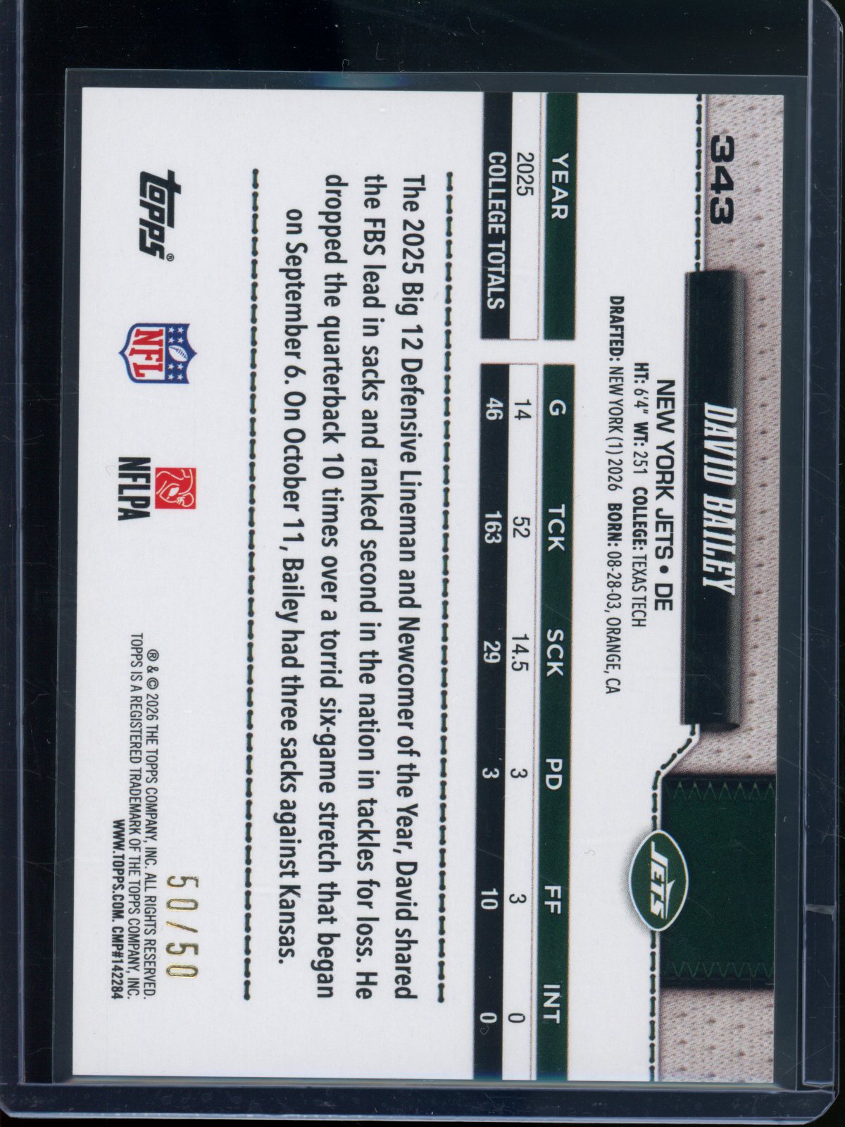 2026 Topps Flagship David Bailey Rookie RC Gold Diamante Foil /50 Jets