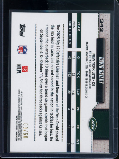 2026 Topps Flagship David Bailey Rookie RC Gold Diamante Foil /50 Jets
