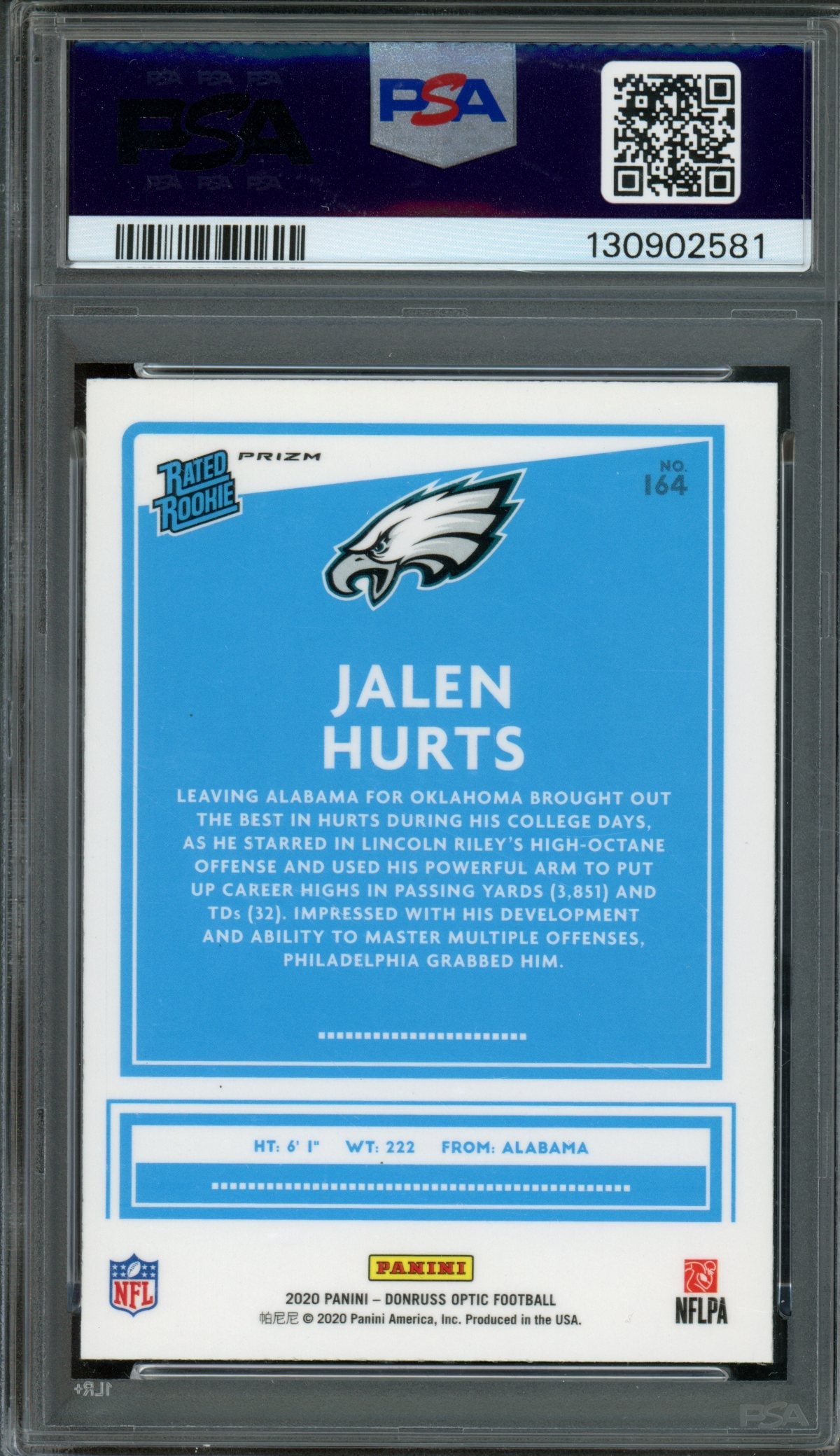2020 Panini Optic Jalen Hurts Rated Rookie Blue Scope #164 PSA 9 Eagles