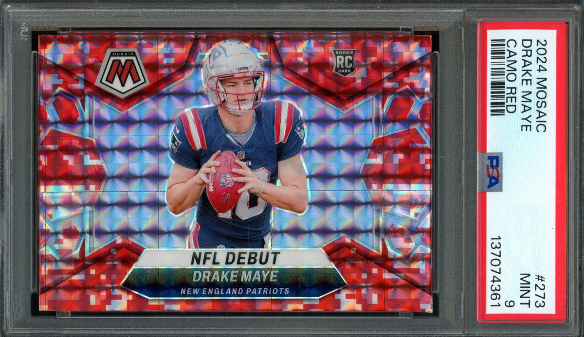 2024 Panini Mosaic Drake Maye Rookie RC NFL Debut Camo Red PSA 9 Patriots