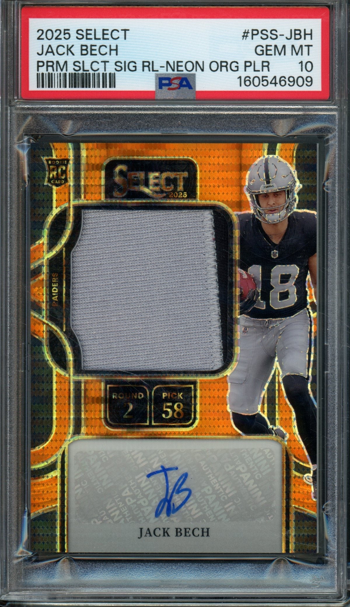 2025 Panini Select Jack Bech Rookie RC Prm. Signatures Neon Orange /45 PSA 10 Raiders