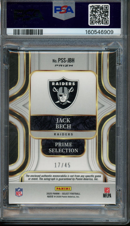 2025 Panini Select Jack Bech Rookie RC Prm. Signatures Neon Orange /45 PSA 10 Raiders