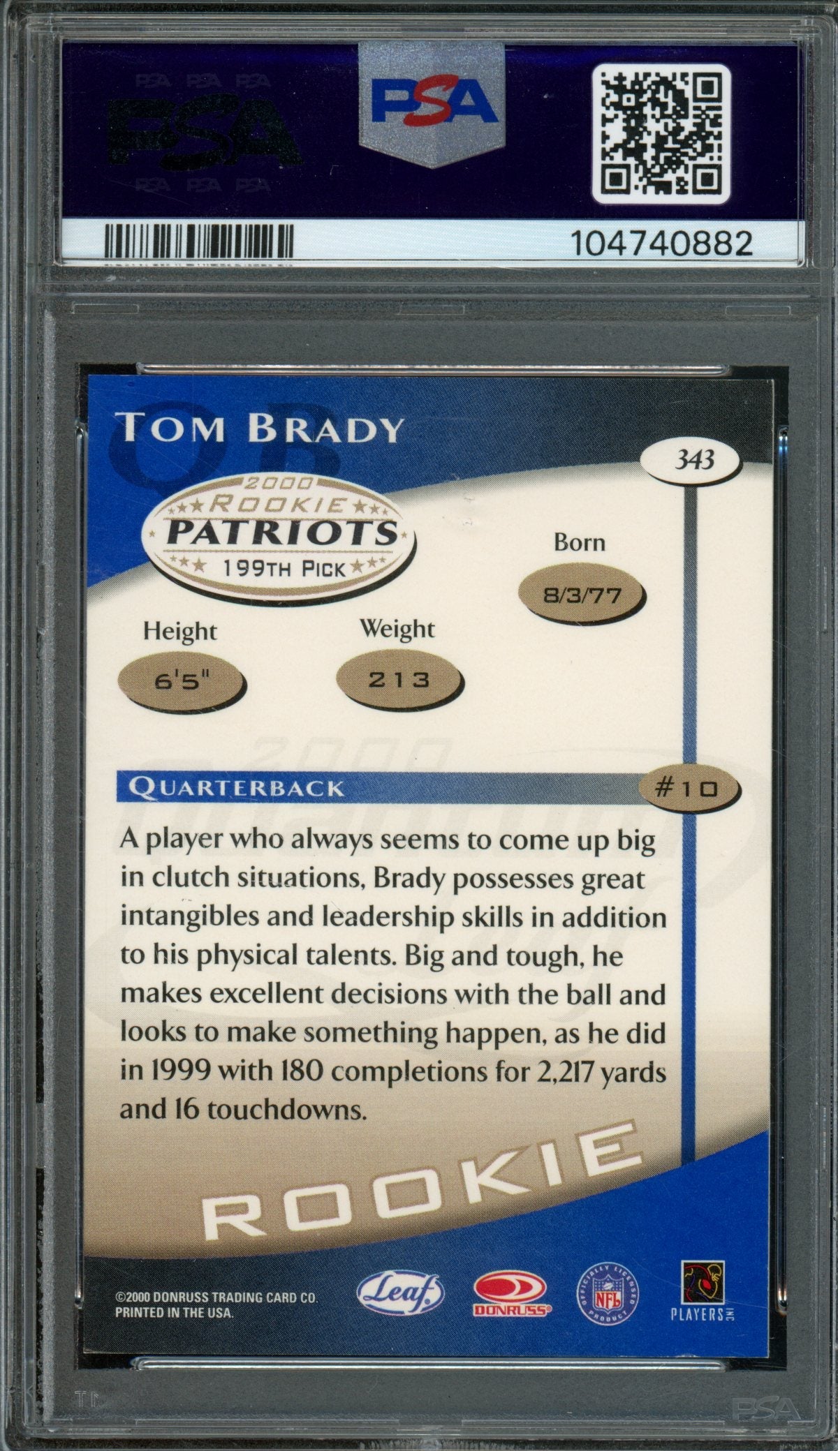 2000 Leaf Quantum Tom Brady Rookie RC #343 PSA 7 Patriots