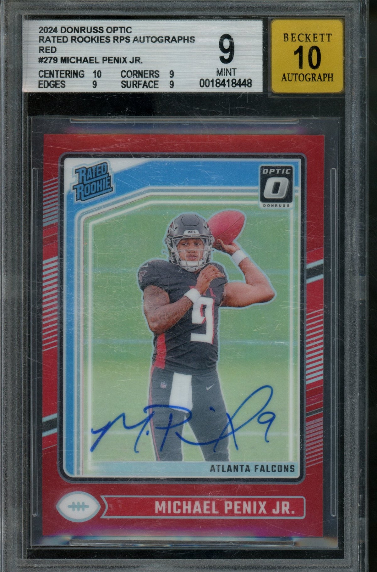 2024 Panini Optic Michael Penix Jr. Rated Rookie Autograph Red /75 BGS 9 Falcons